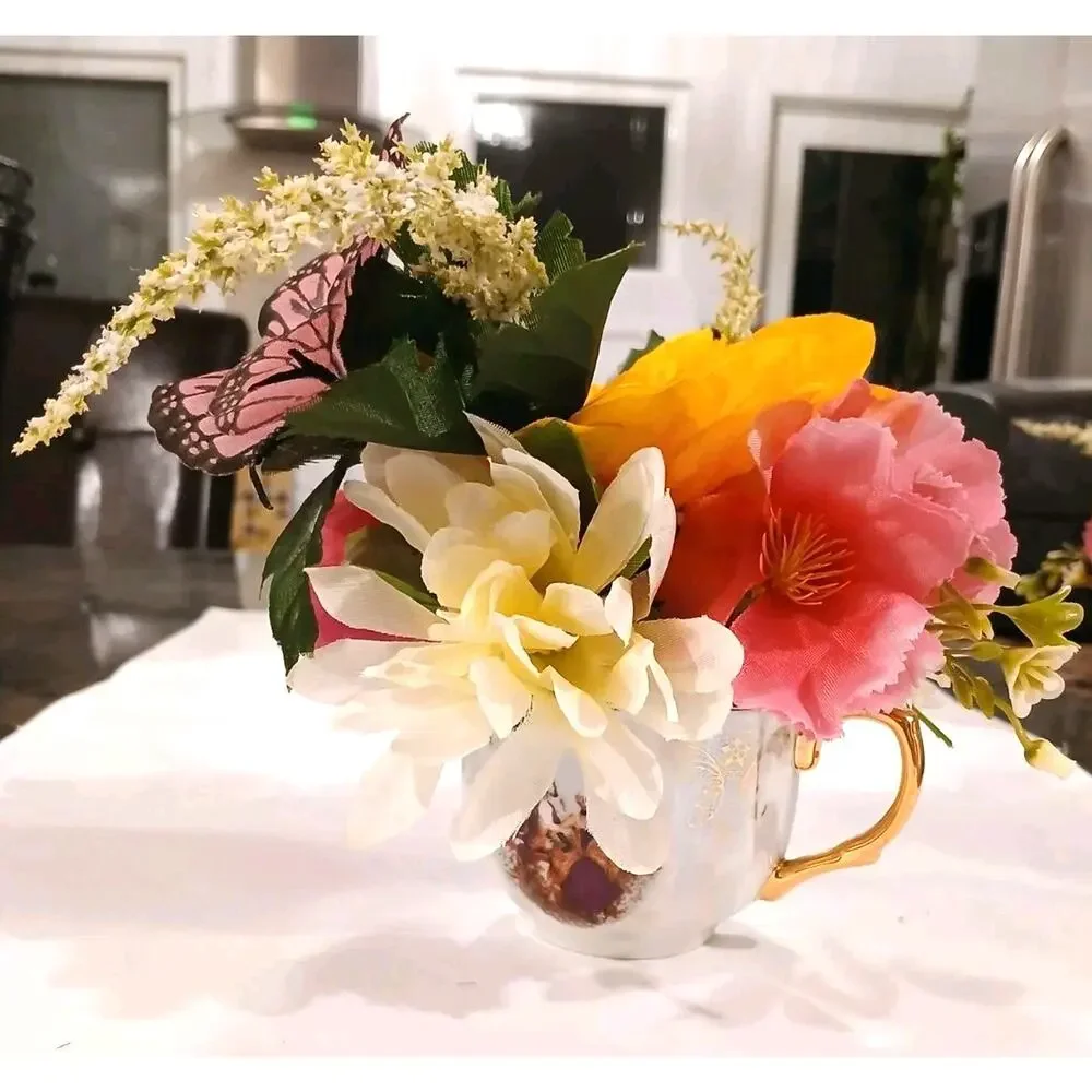 Pink‎ Butterfly Floral Arrangement Tea Cup POP-IN Bridal Party Birthday Get Well